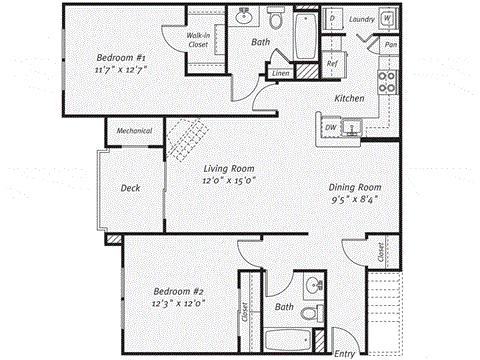 Floor plan for 2 beds, 2 baths, 1098 sqft