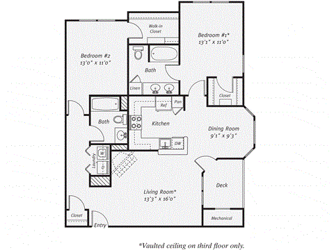 Floor plan for 2 beds, 2 baths, 1170 sqft