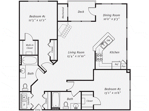 Floor plan for 2 beds, 2 baths, 1202 sqft