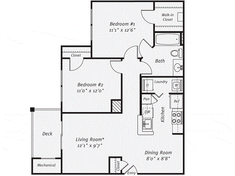 Floor plan for 2 beds, 1 bath, 837 sqft