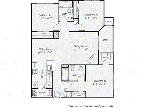 Floor plan for 3 beds, 2 baths, 1230 sqft