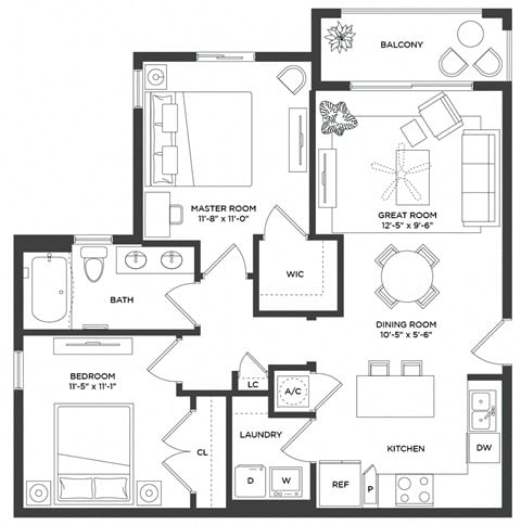 Floor plan for 2 beds, 1 bath, 914 sqft