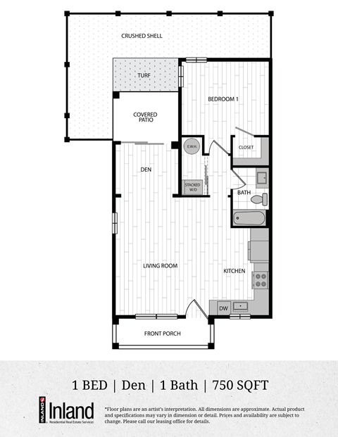 Floor plan for 1 bed, 1 bath, 750 sqft