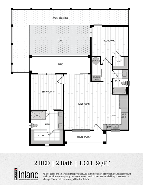 Floor plan for 2 beds, 2 baths, 1031 sqft