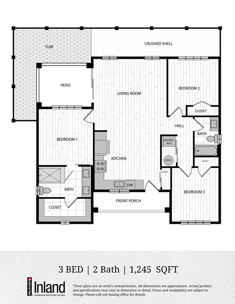 Floor plan for 3 beds, 2 baths, 1235 sqft