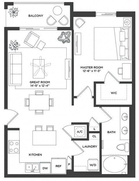 Floor plan for 1 bed, 1 bath, 763 sqft