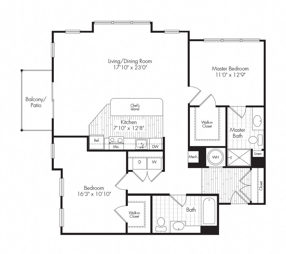 Floor plan for 2 beds, 2 baths, 1201 sqft