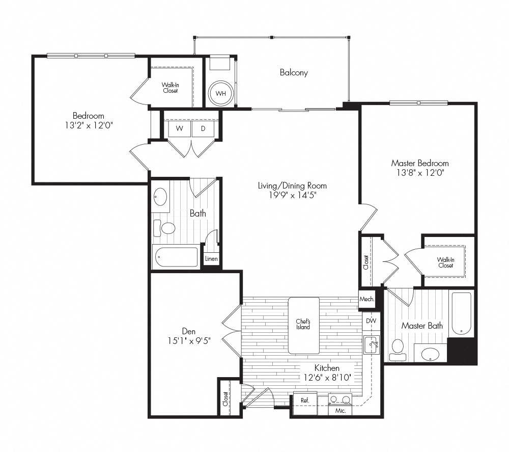 Floor plan for 2 beds, 2 baths, 1304 sqft