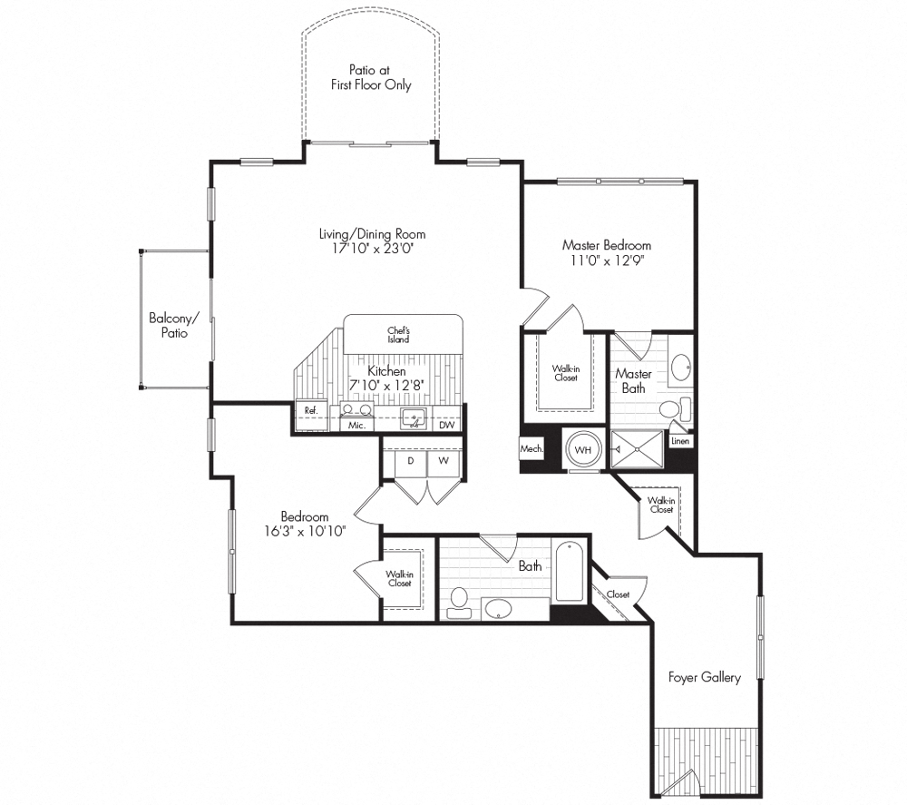 Floor plan for 2 beds, 2 baths, 1379 sqft