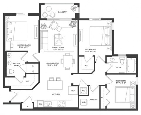 Floor plan for 3 beds, 2 baths, 1268 sqft