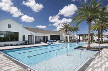 A swimming pool with palm trees in front of a house