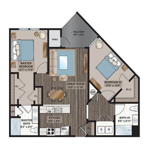Floor plan for 2 beds, 2 baths, 1063 sqft
