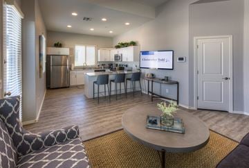 Peoria apartment for rent - A modern living room with a grey sofa and a grey and white patterned cushion.