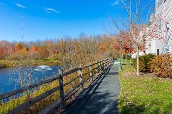Scenic nature pathway next to lake and apartment building