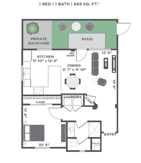 Floor plan for 1 bed, 1 bath, 668 sqft