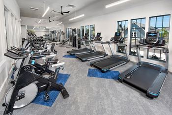 A gym with cardio equipment and windows in a building