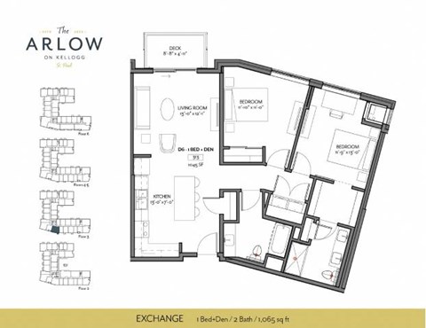 Floor plan for 1 bed, 2 baths, 1065 sqft