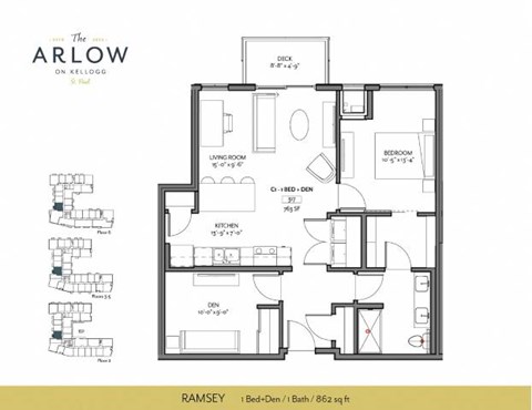 Floor plan for 1 bed, 1 bath, 862 sqft
