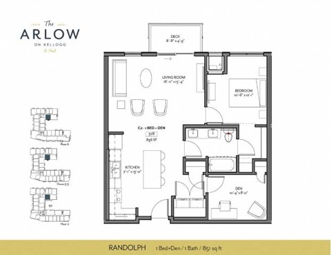 Floor plan for 1 bed, 1 bath, 851 sqft
