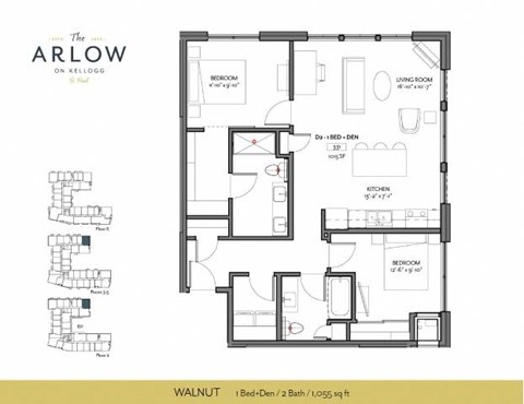 Floor plan for 1 bed, 2 baths, 1055 sqft