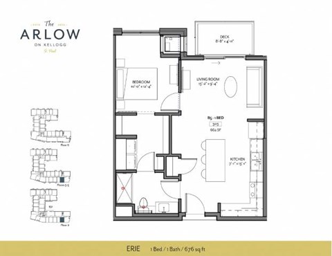 Floor plan for 1 bed, 1 bath, 676 sqft