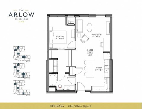 Floor plan for 1 bed, 1 bath, 725 sqft