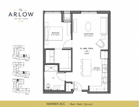 Floor plan for 1 bed, 1 bath, 730 sqft