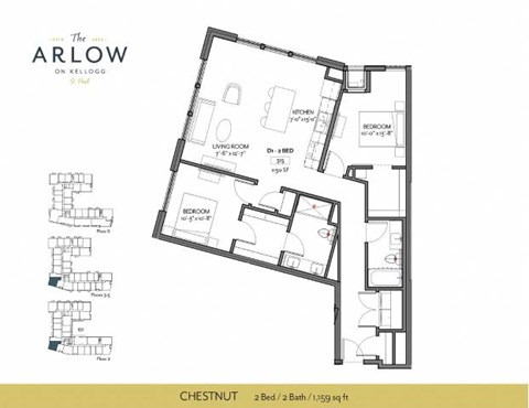 Floor plan for 2 beds, 2 baths, 1159 sqft