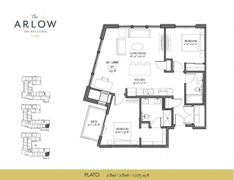 Floor plan for 2 beds, 2 baths, 1075 sqft