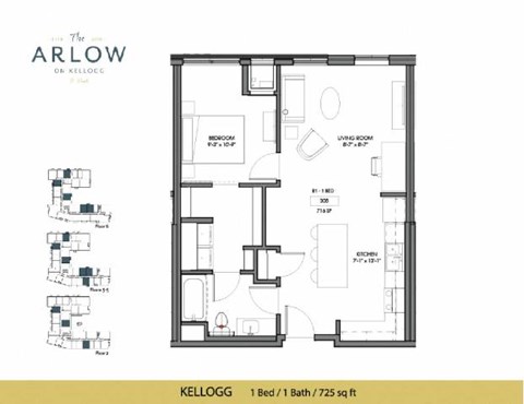 Floor plan for 1 bed, 1 bath, 725 sqft