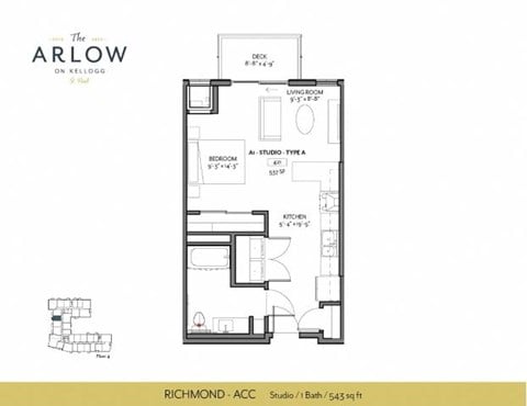 Floor plan for studio, 1 bath, 543 sqft
