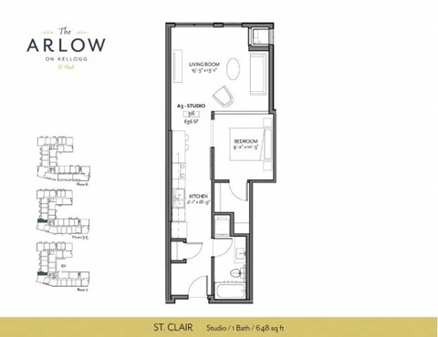 Floor plan for studio, 1 bath, 648 sqft
