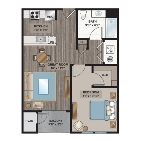 Floor plan for 1 bed, 1 bath, 694 sqft