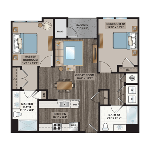 Floor plan for 2 beds, 2 baths, 1003 sqft