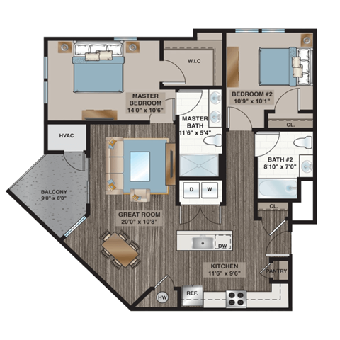 Floor plan for 2 beds, 2 baths, 1140 sqft
