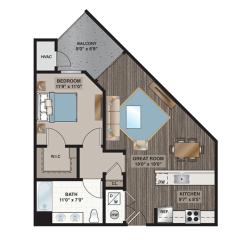 Floor plan for 1 bed, 1 bath, 739 sqft