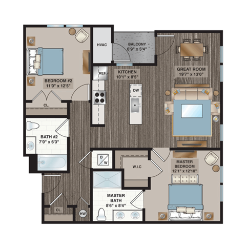 Floor plan for 2 beds, 2 baths, 1075 sqft