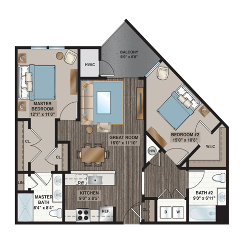 Floor plan for 2 beds, 2 baths, 1063 sqft