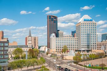 A cityscape with a large building