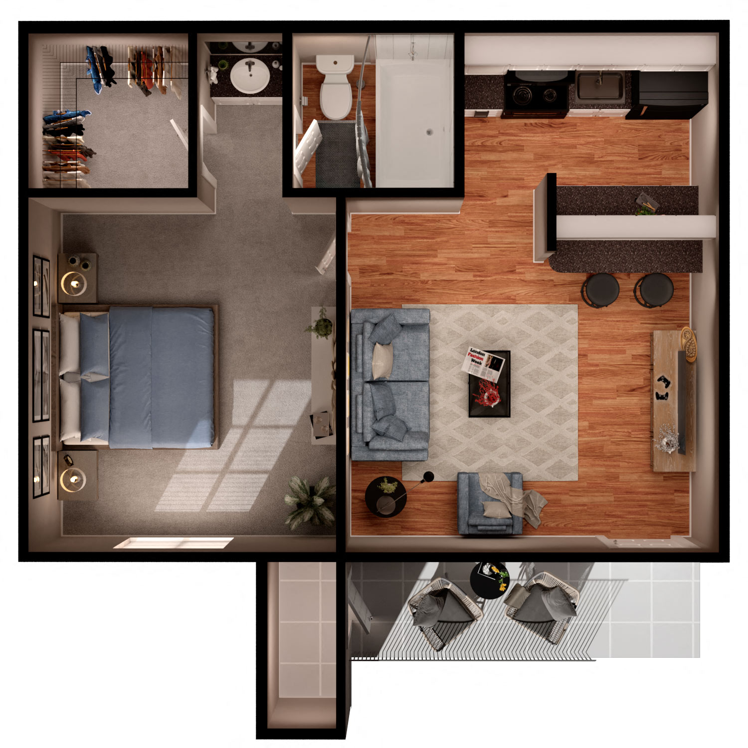 Floor plan for 1 bed, 1 bath, 505 sqft