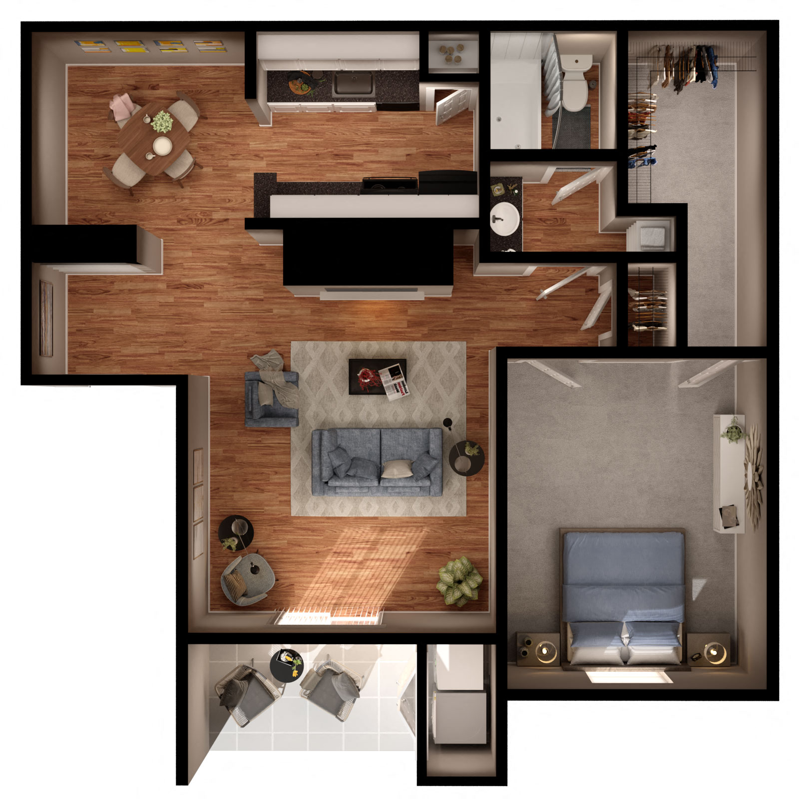 Floor plan for 1 bed, 1 bath, 733 sqft
