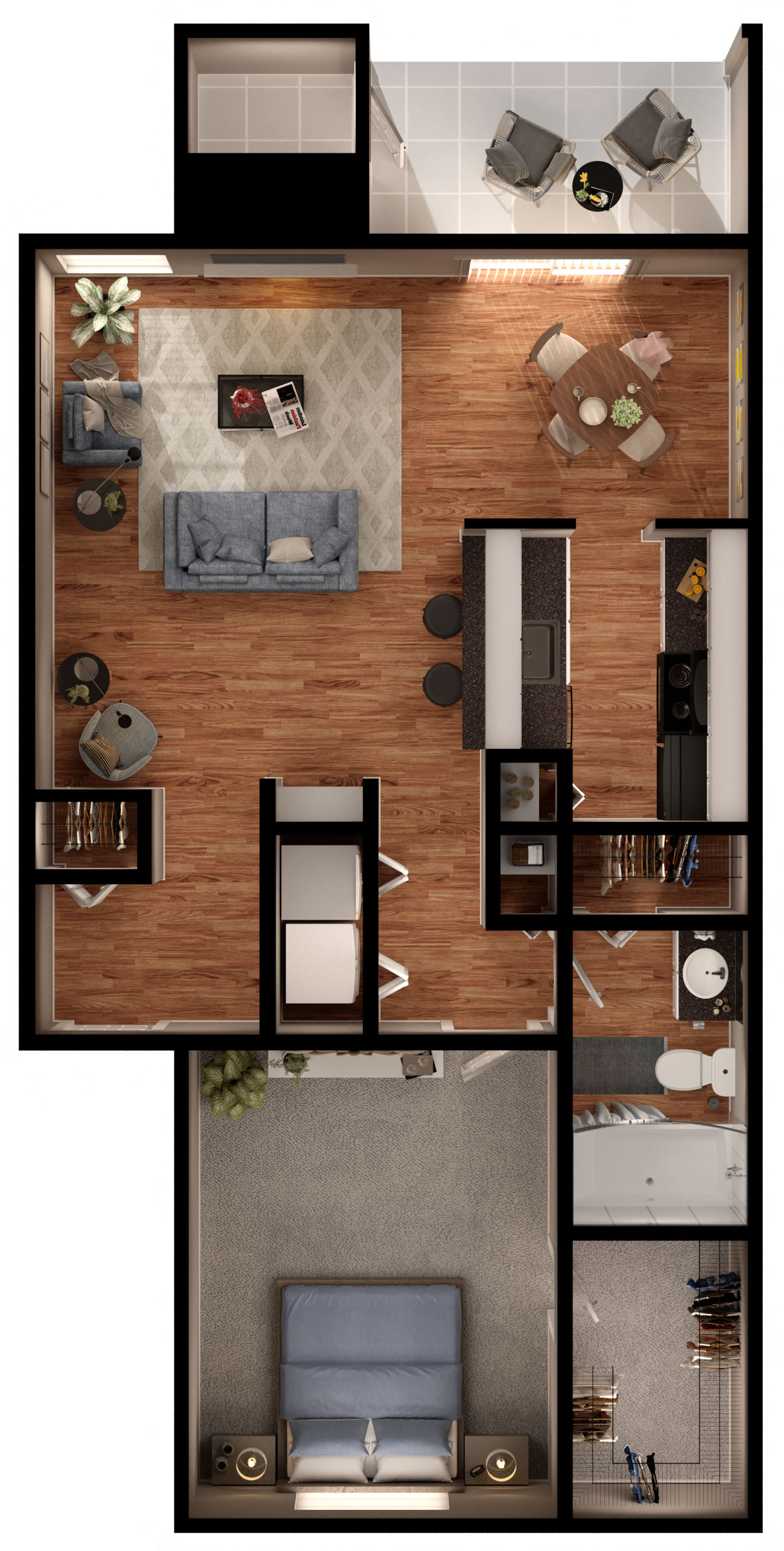 Floor plan for 1 bed, 1 bath, 742 sqft