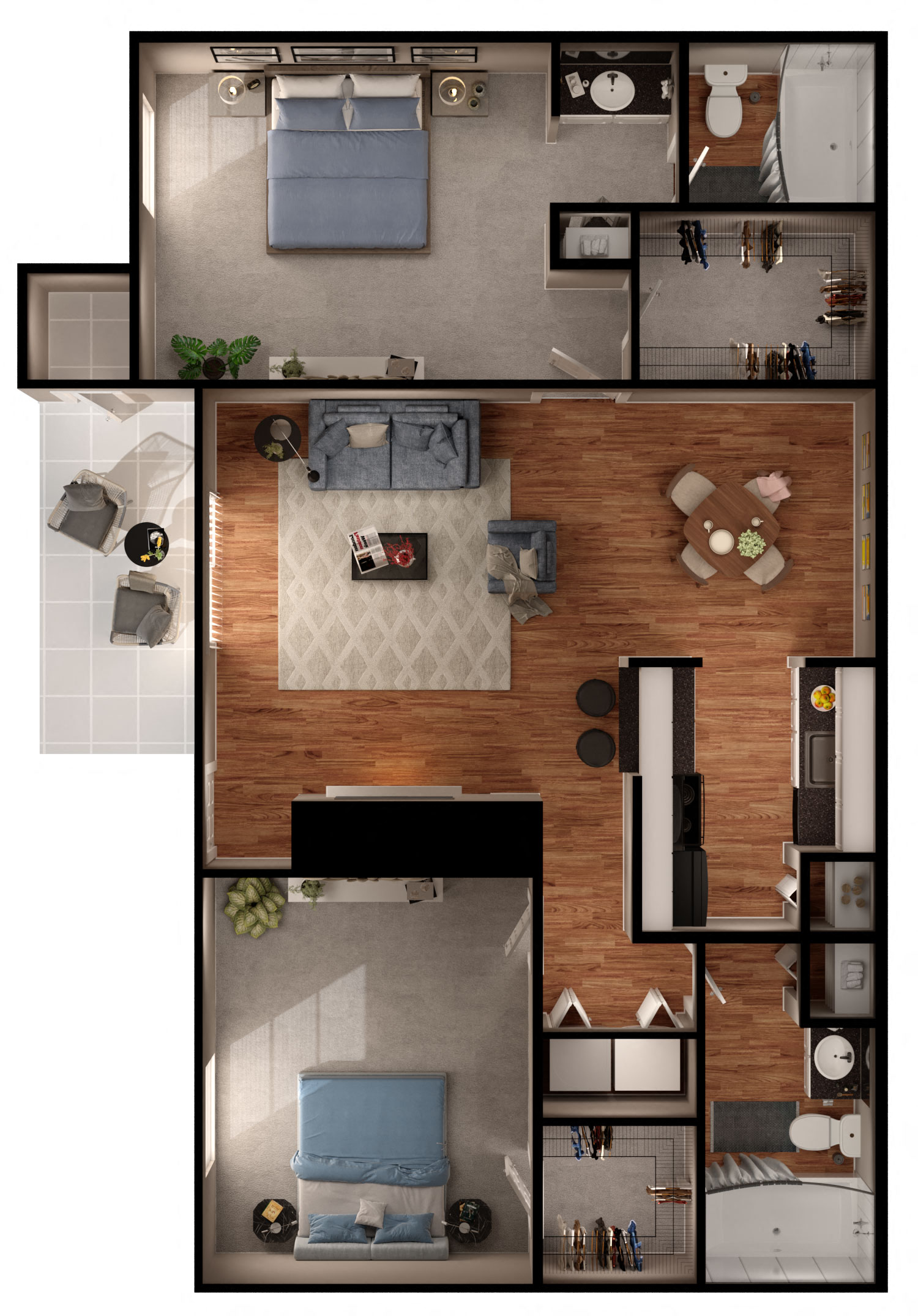 Floor plan for 2 beds, 2 baths, 1000 sqft