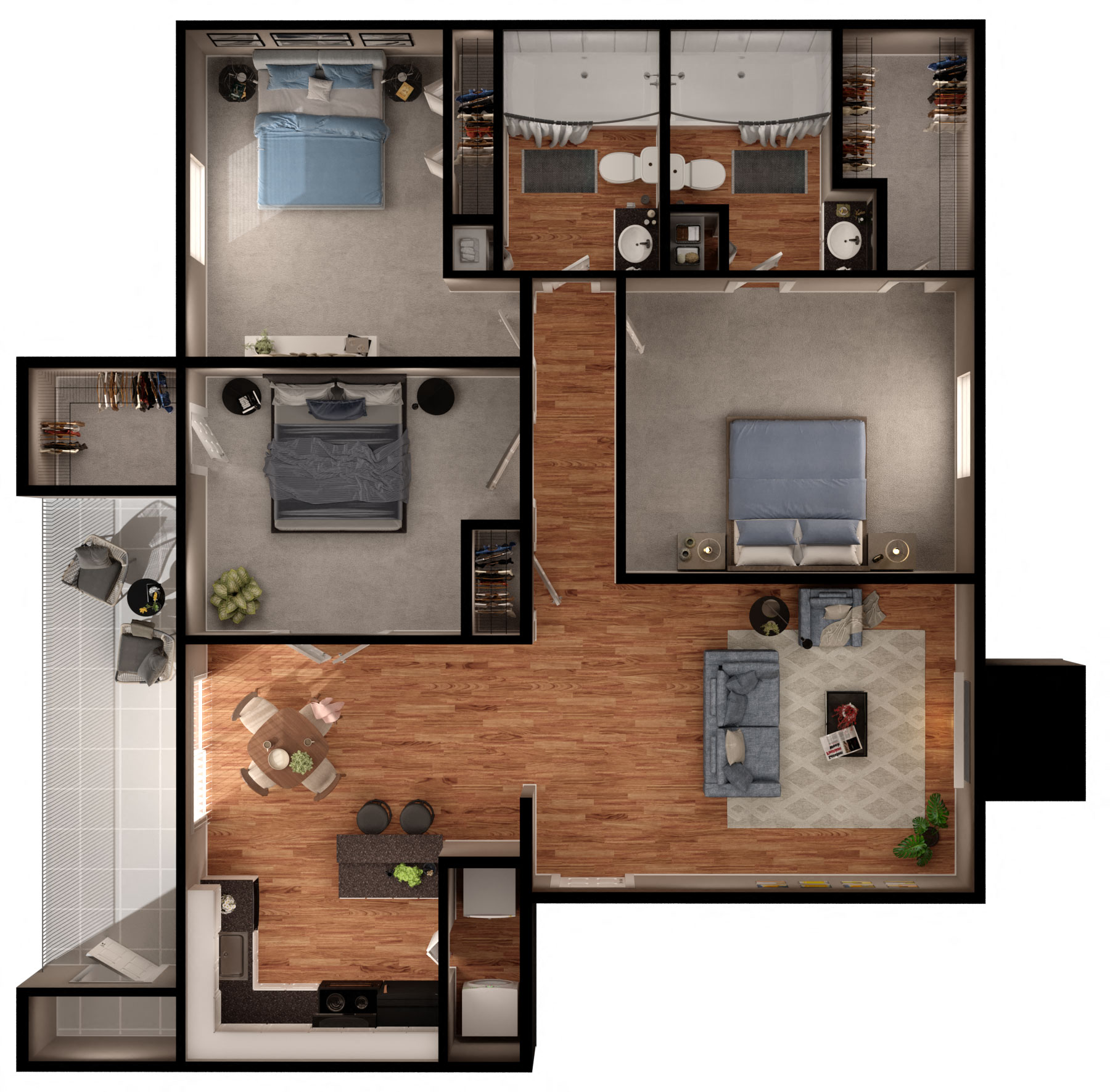 Floor plan for 3 beds, 2 baths, 1152 sqft
