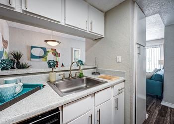 A kitchen with white cabinets and a stainless steel sink