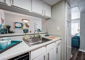 College Station apartment for rent - a kitchen with white cabinets and a stainless steel sink at Sundance Apartments, College Station, Texas