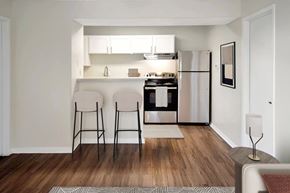 College Station apartment for rent - A kitchen with a refrigerator, oven, and sink is visible.
