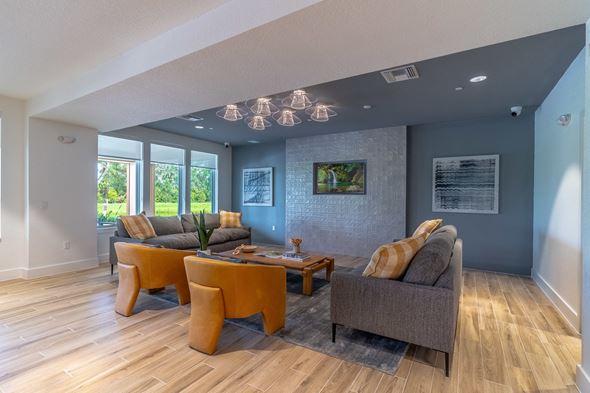 Mount Dora apartment for rent - A living room with a grey couch and a yellow table.