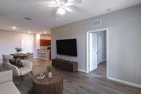 Lady Lake apartment for rent - A living room with a television, a sofa, a coffee table, and a ceiling fan.