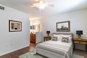 Orlando apartment for rent - a bedroom with a bed and a ceiling fan